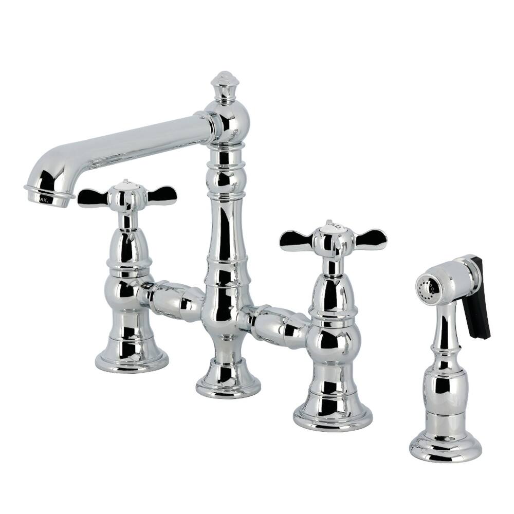 Kingston Brass Essex Two-Handle 4-Hole Deck Mount Bridge Kitchen Faucet with Brass Side Sprayer