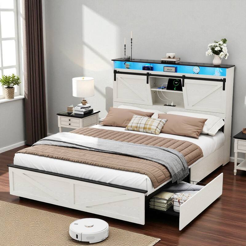 Farmhouse Full/Queen Bed Frame with Storage Headboard, Drawers, Charging Station and RGB LED Lights, MDF and Steel Platform Bed
