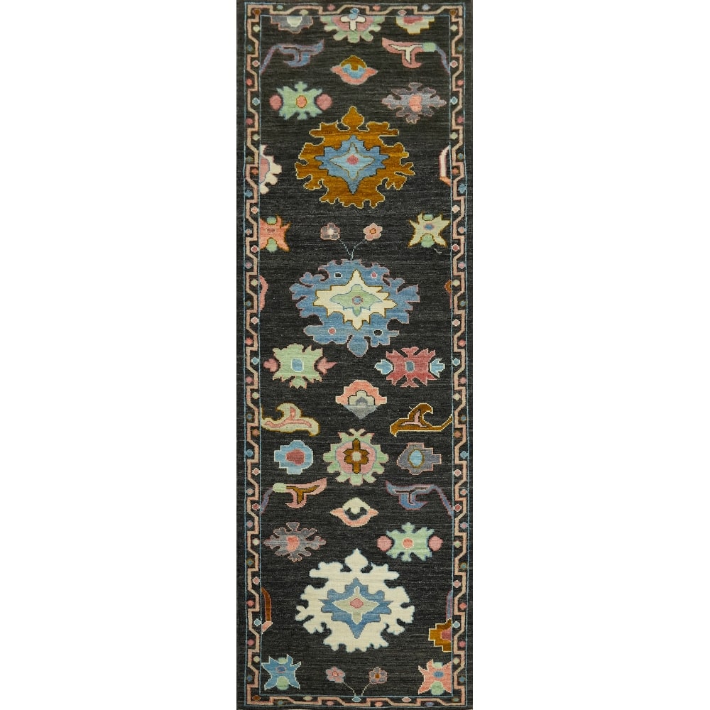 Black Floral Oushak Vegetable Dye Runner Rug, Floral Geometric Carpet - 9' 9'' X 2' 10''