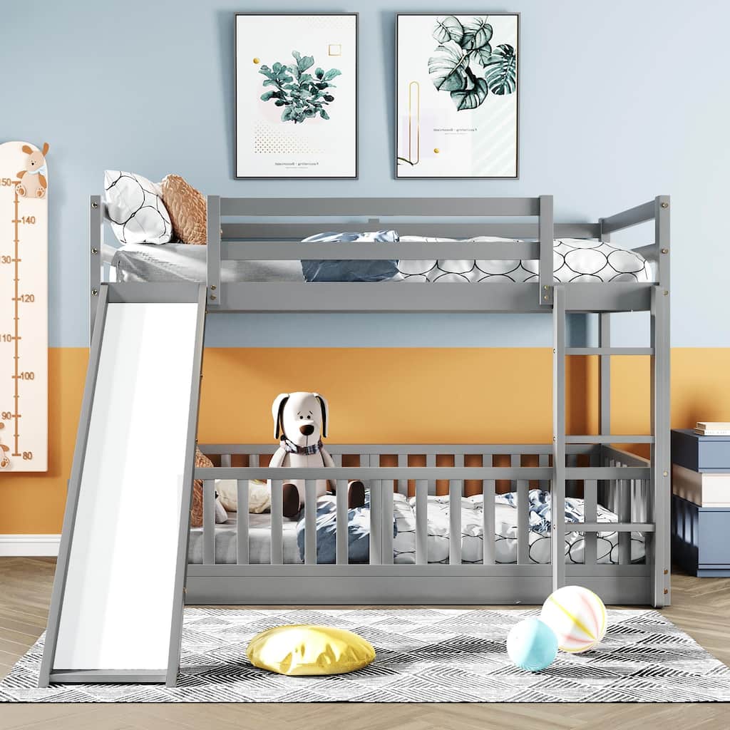 Twin Over Twin Bunk Bed with Removable Floor Bed and Bottom Guardrails, Fun Kids Loft Bed Frame with Ladder and Slide