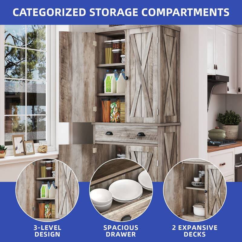 Moasis 72" H Wood Farmhouse Kitchen Pantry Cabinet with Adjustable Shelves & Drawer
