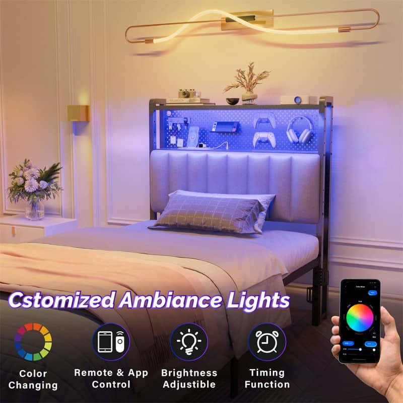 Adjustable Upholstered Headboard with 2 Tier Shelves with Charging Stations and LED Lights, Modern Bed Headboard with Storage