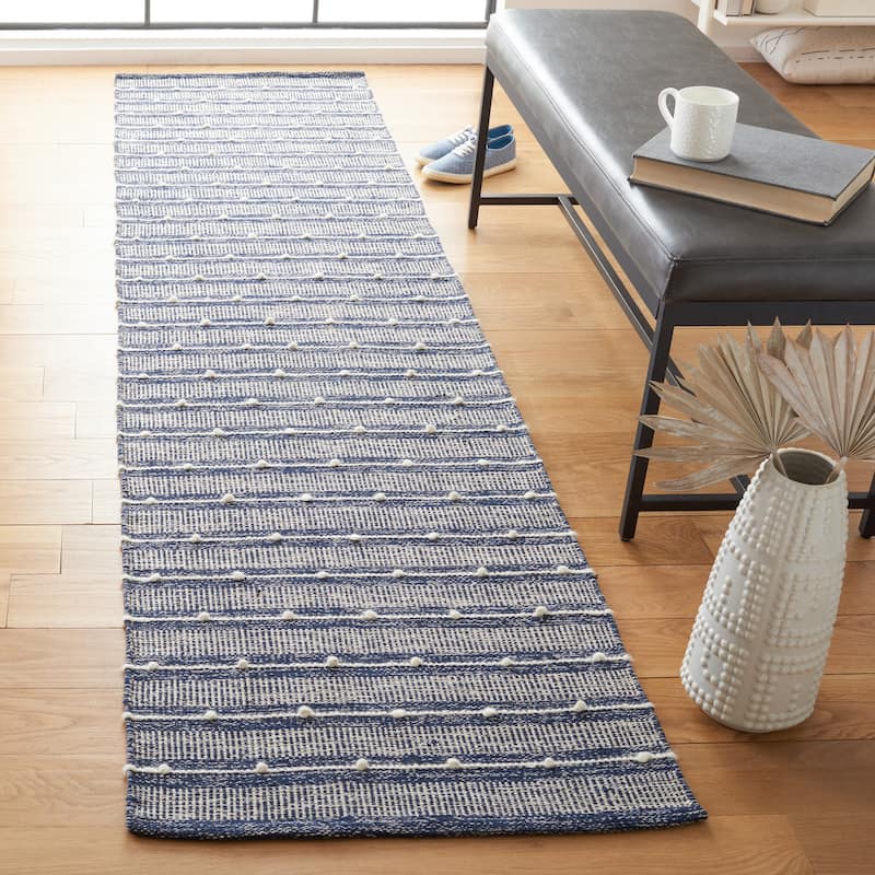 SAFAVIEH Handmade Striped Kilim Latoria Modern Cotton Rug - - 2'3" x 7' Runner - Navy/Blue