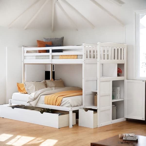 slide 2 of 13, Twin over Full/Twin Bunk Bed, Storage Shelves and Drawers, White White