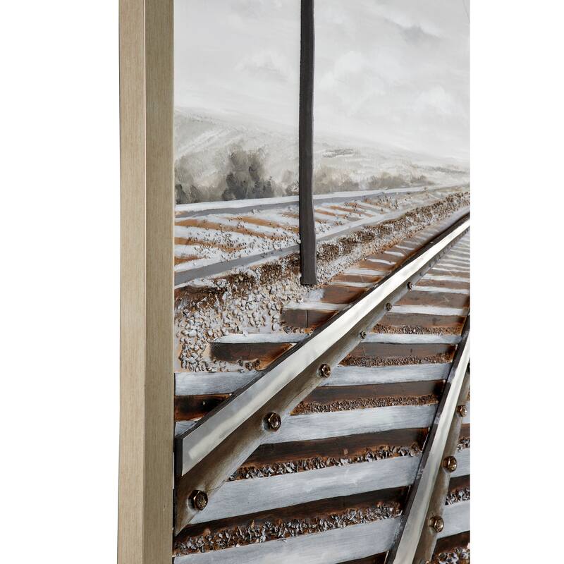 Canvas Landscape Railroad Framed Wall Art with Silver Frame - Gray - Roche River Decor
