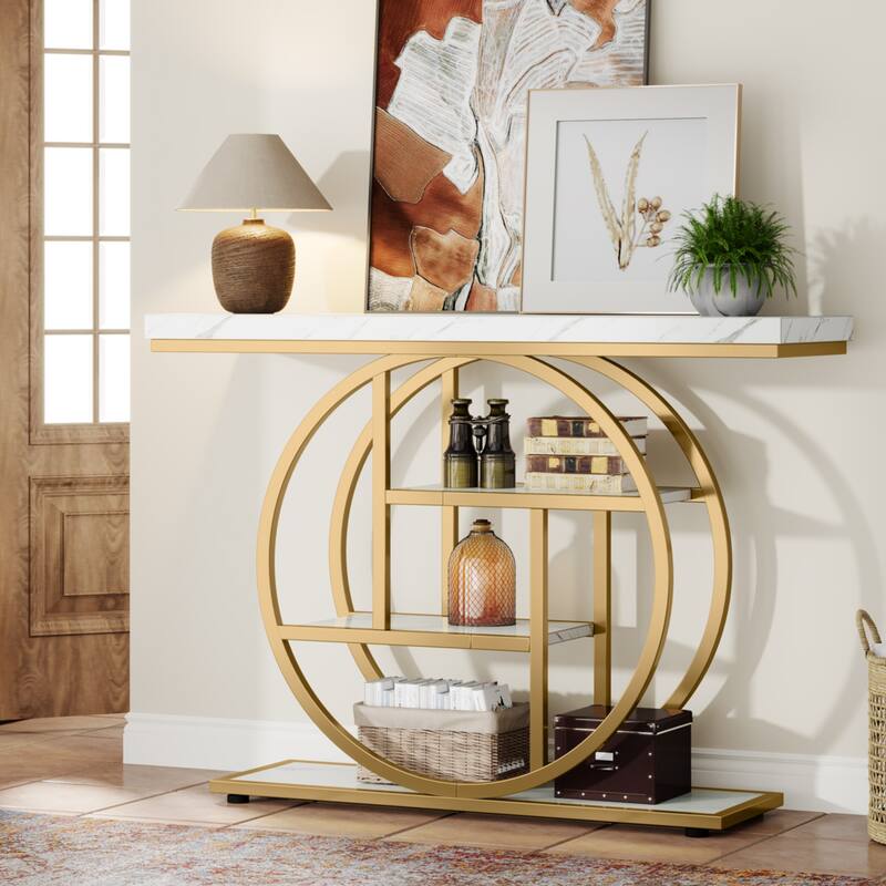 Console Table for Entryway, Industrial 4-Tier Sofa Table Behind Couch - White & Gold