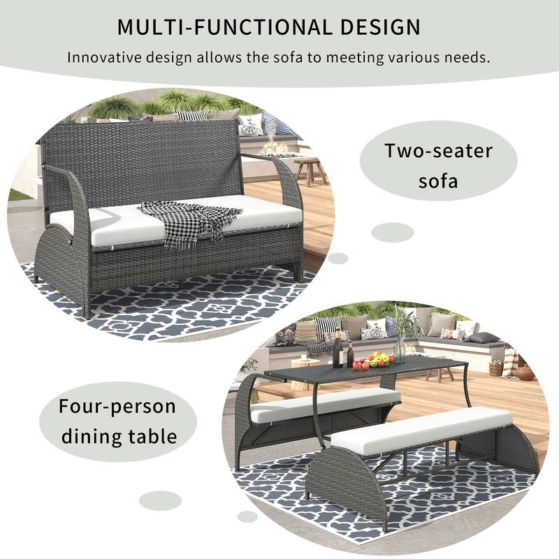 Multi-Functional Outdoor Patio Rattan Loveseat Sofa, Convertible 4-Seats Dining Set