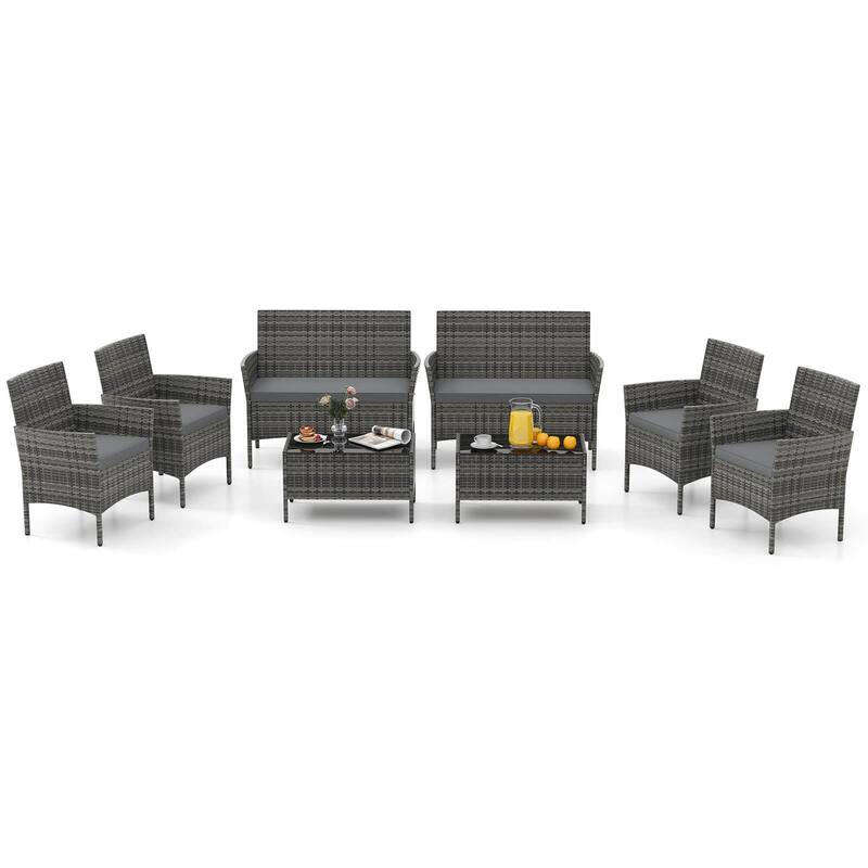 Gymax Set of 8 Furniture Set w/ Washable Cushions & Tempered Glass - Grey