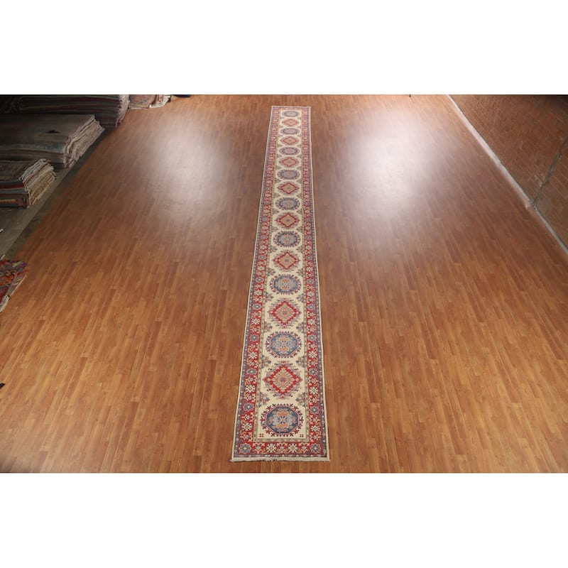 Geometric Beige Kazak Oriental Runner Rug Handmade Wool Carpet - 2'7" x 35'3"