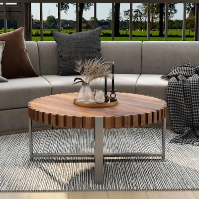 31.4" Handcrafted Drum Coffee Table‌ - Natural Wood Grain Finish with Sturdy Base, Modern Circular Living Room Centerpiece.