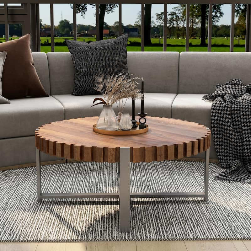 31.4"Circular Coffee Table, Modern Natural Wood Grain Handmade Drum Shaped Coffee Table, Wooden Felief Coffee Table
