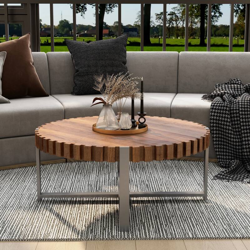 GDFStudio - Elvara Minimalist Round Coffee Table with Fluted Wood Edges, Drum Base Design & Stable Metal Frame - 31.5"W - Wood