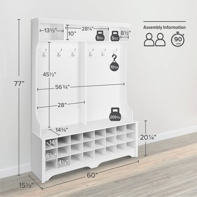 Prepac 60 inch Wide Hall Tree with 24 Shoe Cubbies - 60 in W x 77 in H x 15.5 in D
