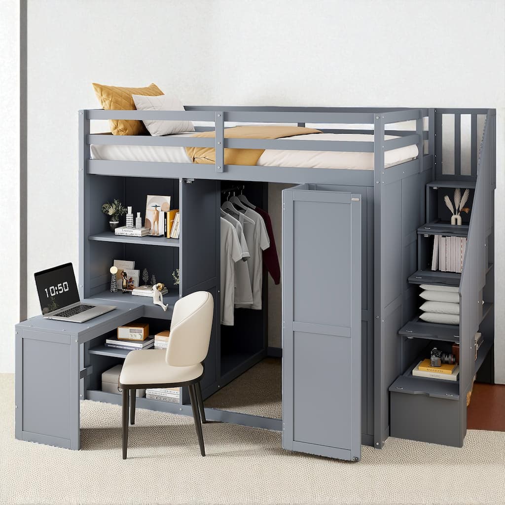 Full Size Loft Bed with Wardrobe, Desk, Shelves, and Foldable Doors for Extra Storage