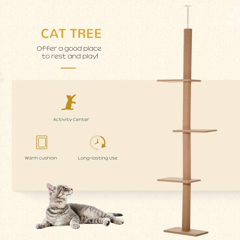 Floor-to-Ceiling Cat Tree Cat Climbing Tower with Sisal-Covered Scratching Posts Natural Cat Tree Activity Center - Brown