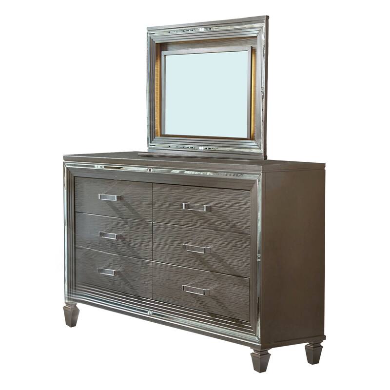 Deci 4 Pc Queen Bedroom, LED Headboard, Mirrored Trim, Champagne Silver