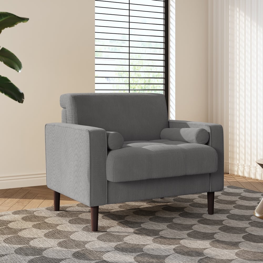 Modern Upholstered Corduroy Wide Armchair with Bolster Pillows