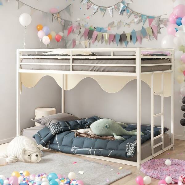 slide 2 of 13, Twin over Twin Metal Bunk,Classic Square Metal Bunk Bed Frame,Durable Square Tube Frame,Exchangeable Ladder,White White