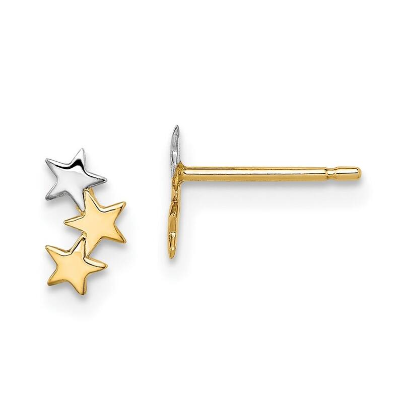 Curata 14k Yellow Gold and White Rhodium 3 star Post Earrings - 6.95mm