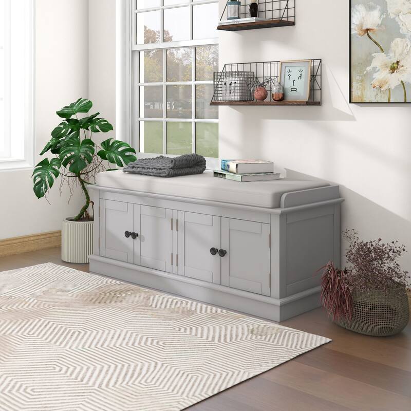 Storage Bench with 4 Doors and Adjustable Shelves, Shoe Bench with Removable Cushion