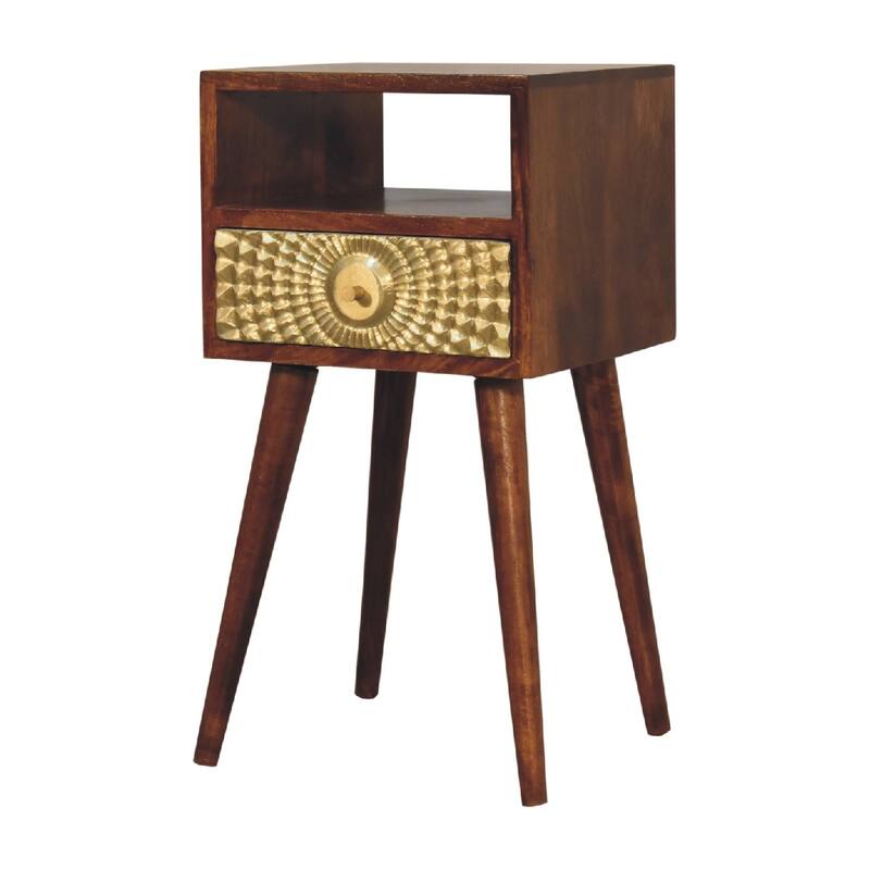 Solid Wood Mini Nightstand with Drawer and Open Shelf, Nordic Legs, Gold and Dark Brown