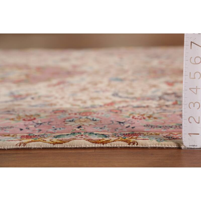 Hand Knotted Oriental Wool & Silk Carpet Traditional Floral Beige & Ivories Tabriz Area Rug - 10' 4'' X 6' 6''