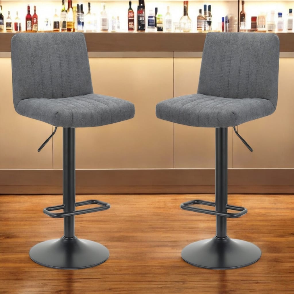 Set of 2 Modern Grey Adjustable Bar Stools with Fabric Seat and Tufted Back and Metal Pedestal Base - 35”H x 19”W x 18”D