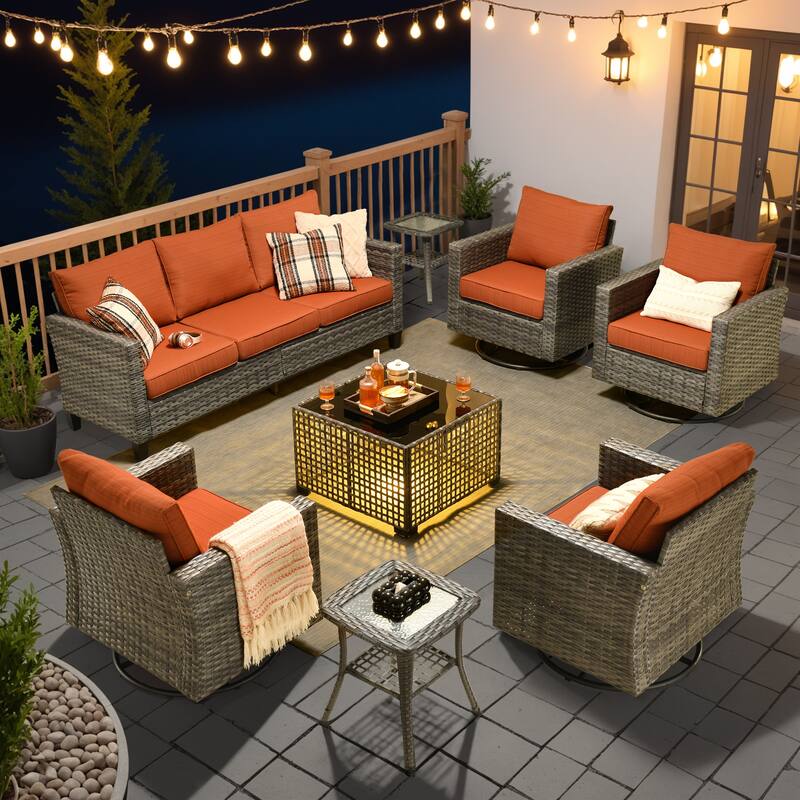 OVIOS 8 Pieces Outdoor Swivel Chair Set with Solar-Powered Table - Orange/Red