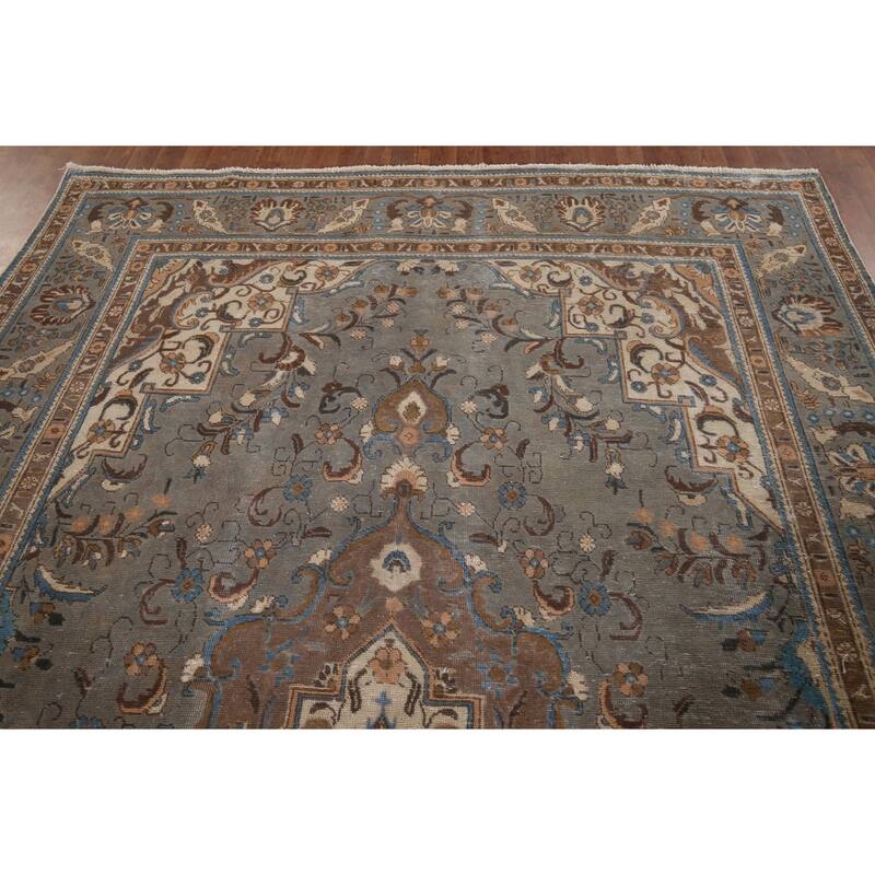 Gray Distressed Tabriz Vintage Persian Area Rug Handmade Wool Carpet - 7'7" x 11'2"