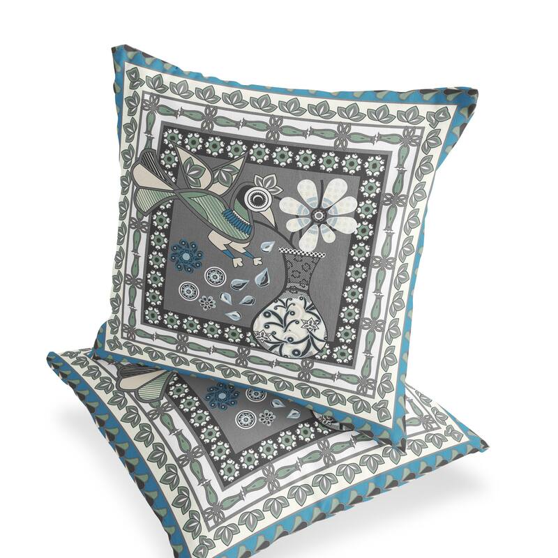 HomeRoots Set of Two 16" X 16" Black Gray and White Peacock Blown Seam Floral Indoor Outdoor Throw Pillow