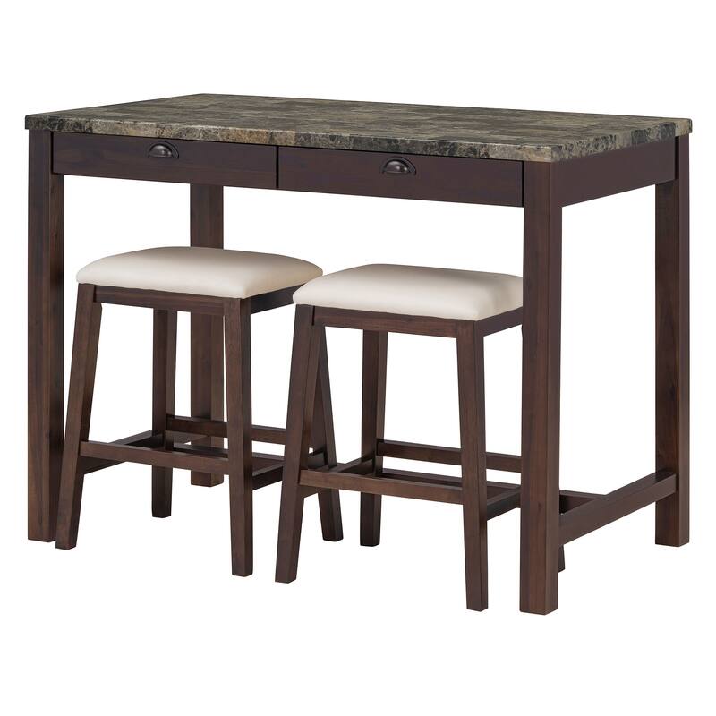 Modern Faux Marble Bar Table Set with Storage & Stools