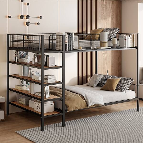 slide 2 of 5, Multifunctional Design Bunk Bed with Built-in 5-Tier Shelves and Metal Frame, Twin over Full, Black Black