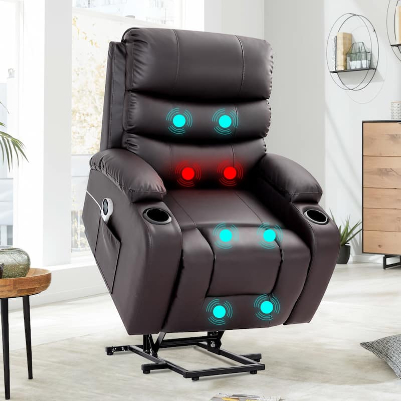 Oversized Power Lift Recliner Chair with Massage & Heat, PU Leather, USB Port, Cup Holders & Pockets