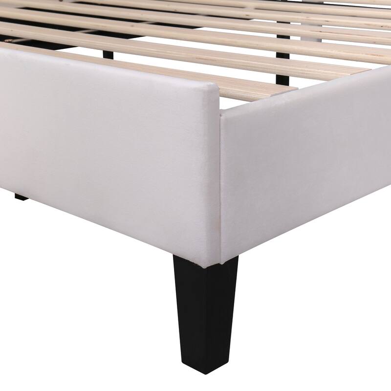 Beige Velvet Full Platform Bed with Flower Pattern Headboard and Sturdy Wood Frame