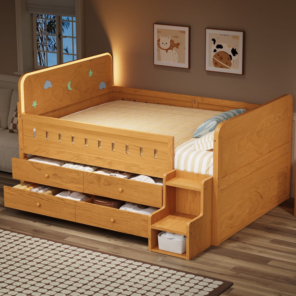 Wooden Full Size Bed Frame with Fun Headboard Built-in LED Light and Pull-out Storage Drawers, Staircase