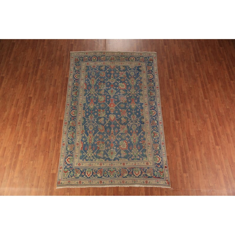 Blue Floral Tabriz Persian Area Rug Hand-Knotted Wool Carpet - 6'2"x 9'9"