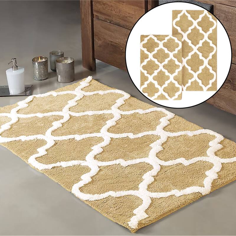 Beige 2 Piece Trellis Plush Soft Cozy 100% Cotton Bath Mat Set - Beige