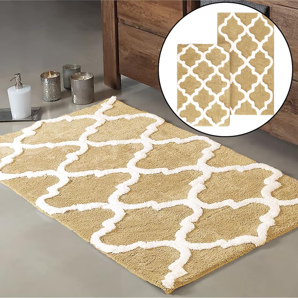 Beige 2 Piece Trellis Plush Soft Cozy 100% Cotton Bath Mat Set