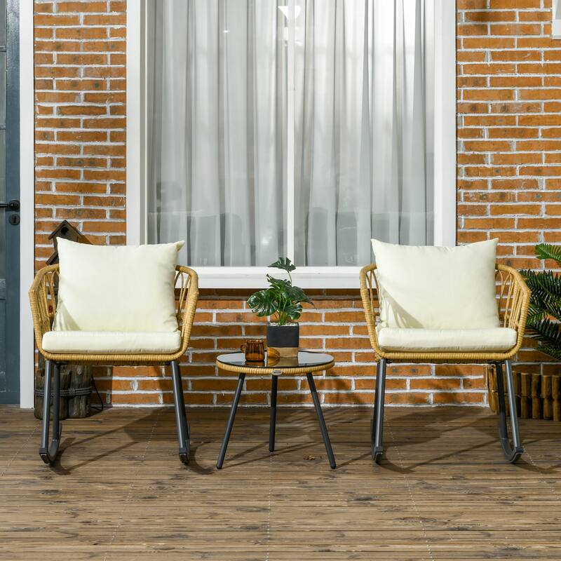 Outsunny 3 Piece Patio Rocking Chair Patio Set with Cushions, Outdoor PE Rattan Wicker Bistro Set with 2 Porch Rocker Chairs - cream white