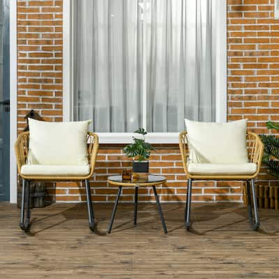 Outsunny 3 Piece Patio Rocking Chair Patio Set with Cushions, Outdoor PE Rattan Wicker Bistro Set with 2 Porch Rocker Chairs