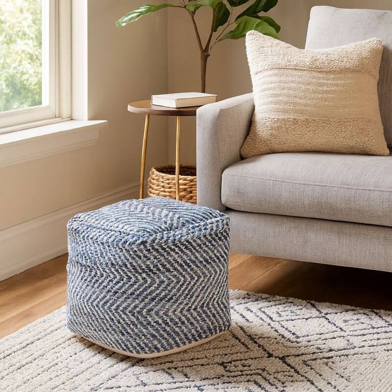Fabric Round Shaped Pouf with Chevron Pattern, Blue