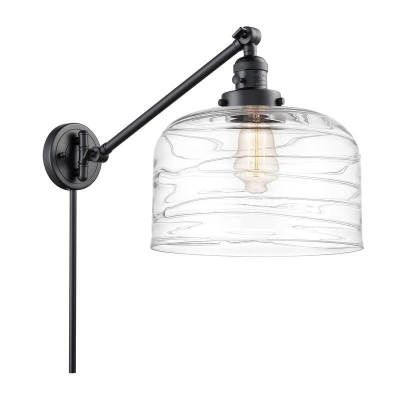 Innovations Lighting Bell - 1 Light 12" Swing Arm - Plug In or Hardwired - Matte Black/Clear Deco Swirl