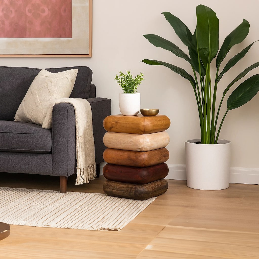 Zyra 18 Inch Side End Table, Sculptural Stacked Design, Mango and Acacia Wood Artisanship Brown