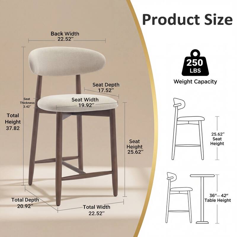 Mid-Century Modern Upholstered Bar Stools Counter Height Wooden Bar Chairs with Backrest Footrest