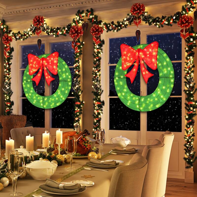 48 Inch Pre Lit Christmas Wreath with Large Red Bow and 200 LED Lights for Indoor Outdoor Holiday Decoration - Green - 29" x 30"
