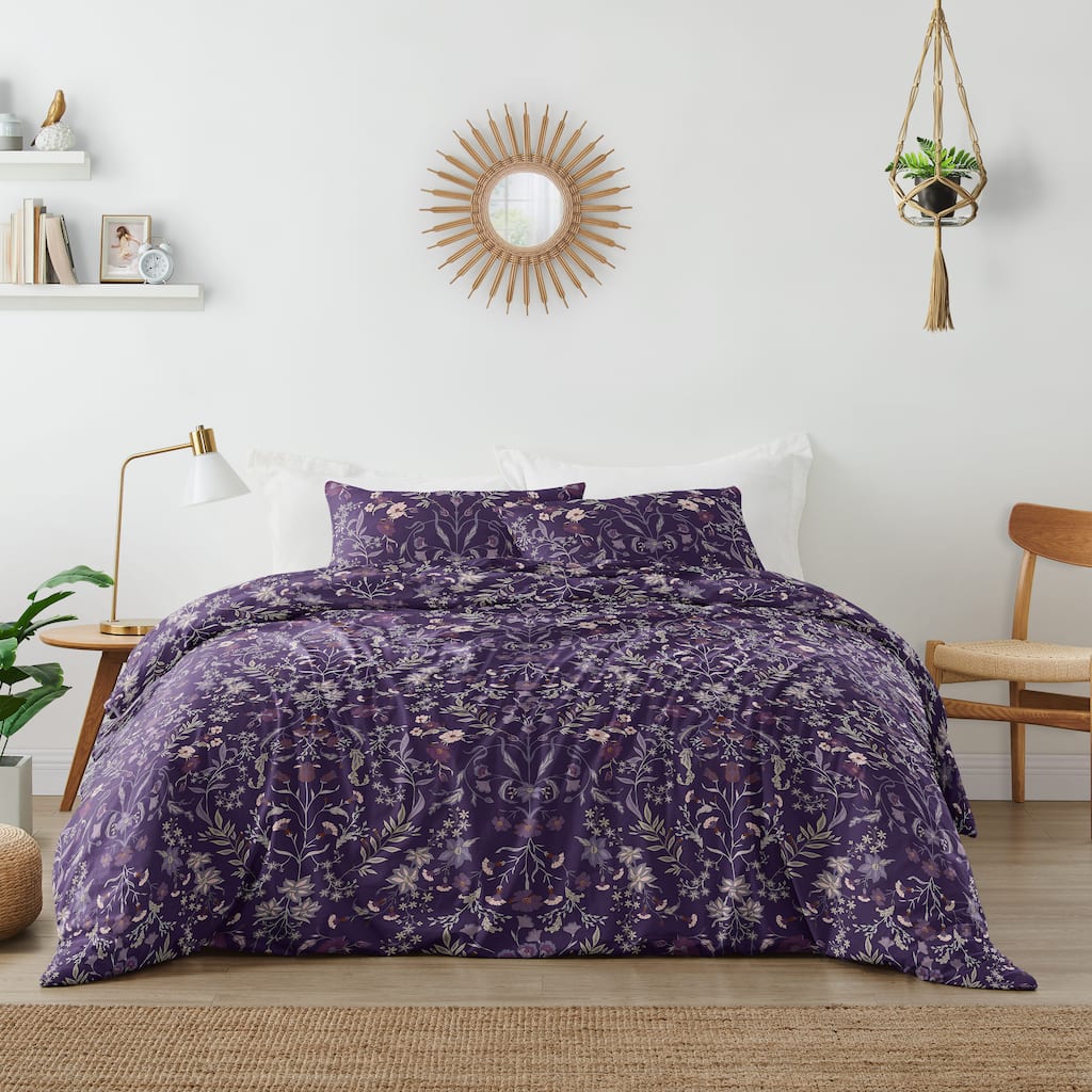 Sweet Jojo Designs Boho Wildflower Vintage Floral Girl 3pc King Duvet Cover Bedding Set - Purple, Teal, Botanical Garden, Flower