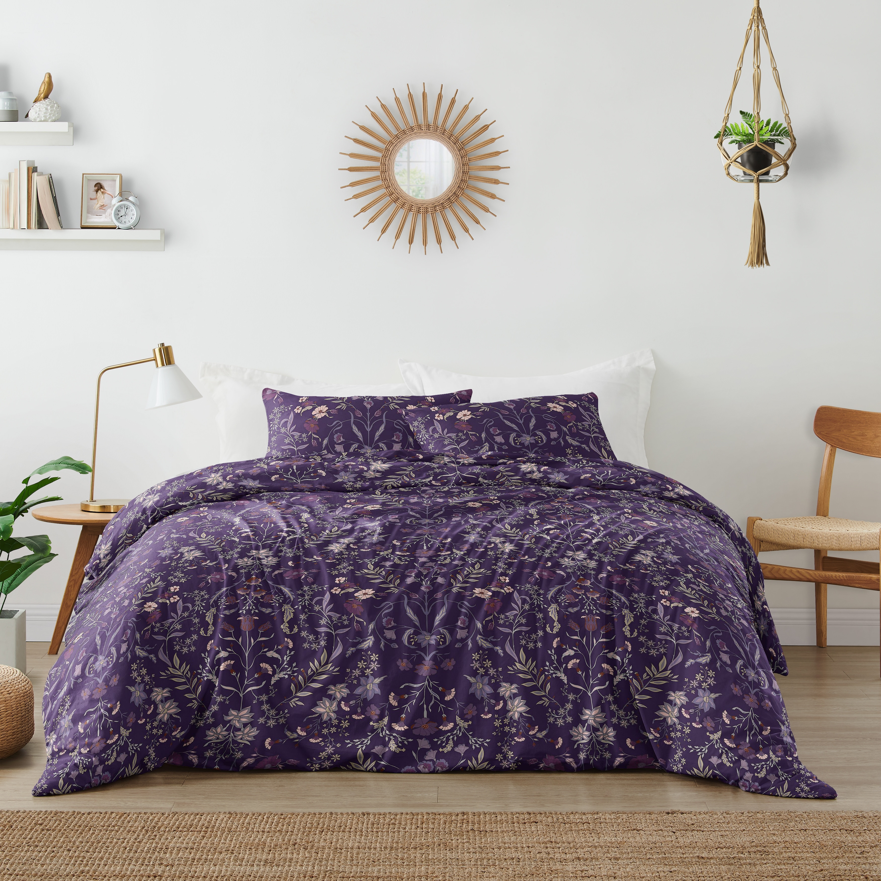 Sweet Jojo Designs Boho Wildflower Vintage Floral Girl 3pc King Duvet Cover Bedding Set - Purple, Teal, Botanical Garden, Flower