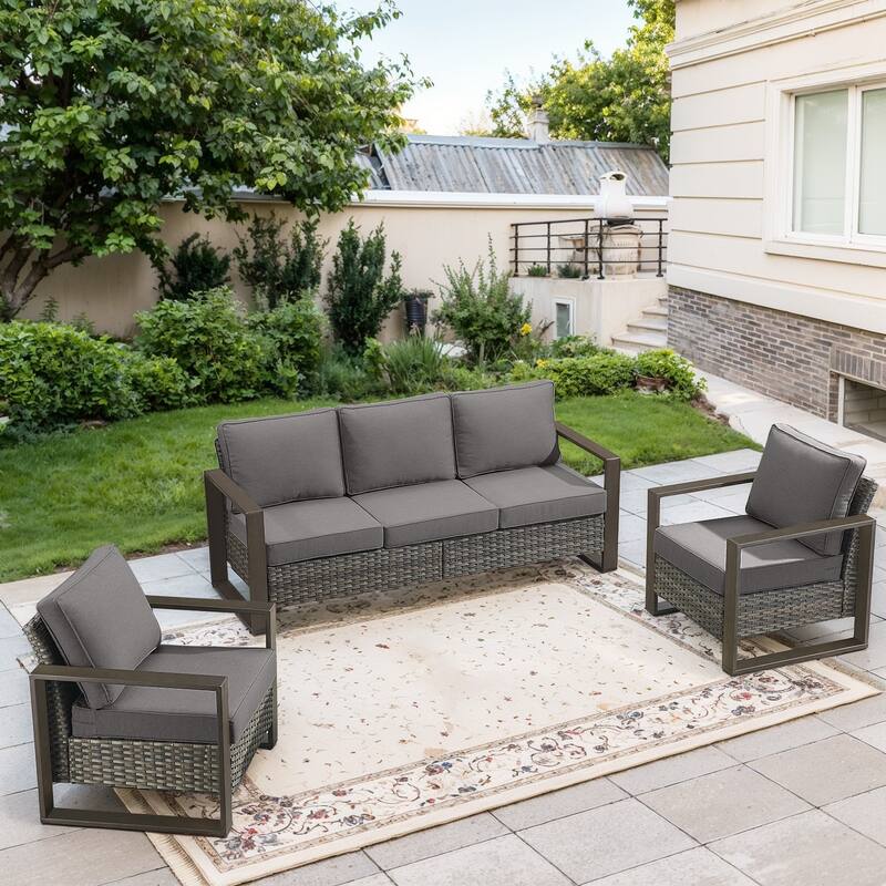 Gymojoy Outdoor Wicker Patio Furniture Sofa Set - 3-Piece Sofa Set - Club Chairs - Grey Wicker / Grey Cusion