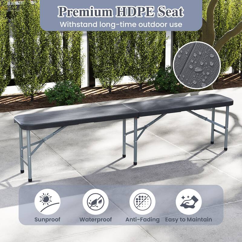 Gymax 2PCS 6 ft Plastic Folding Bench Portable Fold-in-Half Seat w/