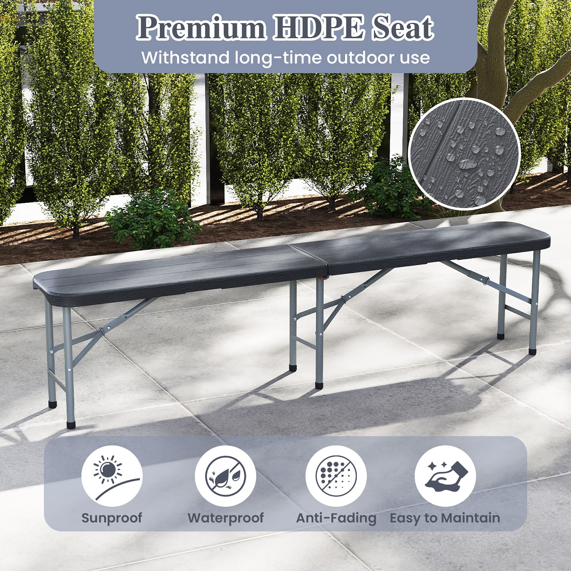 Gymax 6 ft Plastic Folding Bench Portable Fold-in-Half Seat w